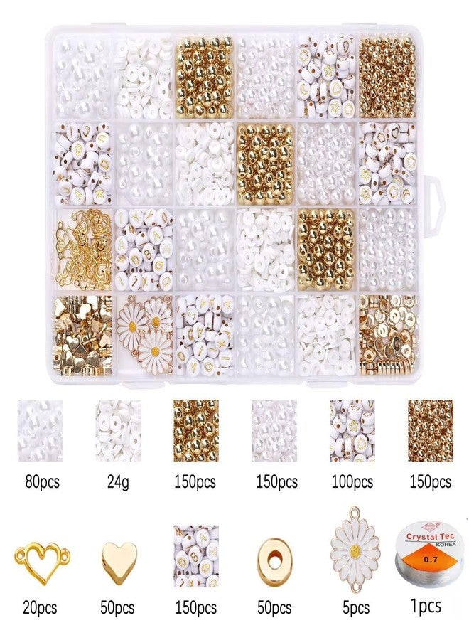 Guellix White Gold DIY Bracelet Kit Jewelry Making Set Beads Alphabet Pearl Golden Charms Elastic Thread Tools Storage Box for Girls Kids Women Art Craft Hobby Gift Set Golden White Article - Image 2